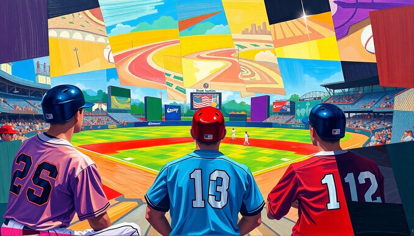 A fractured, multi-perspective painting in the style of Pablo Picasso, breaking a high school baseball game down into sharp, overlapping geometric planes in the colors of the Brother Martin and Pineville school uniforms, conceptually representing the dynamic energy and competitive spirit of the upcoming playoff matchup.