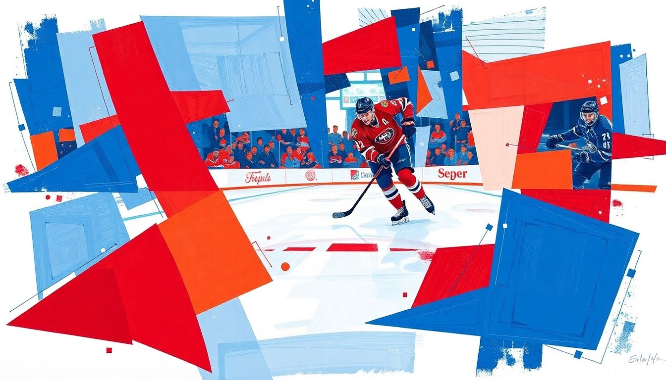 A fragmented, geometric painting depicting a hockey player in motion, with their body and equipment broken down into sharp, overlapping planes of blue, red, and white, capturing the dynamic and multifaceted nature of their play.