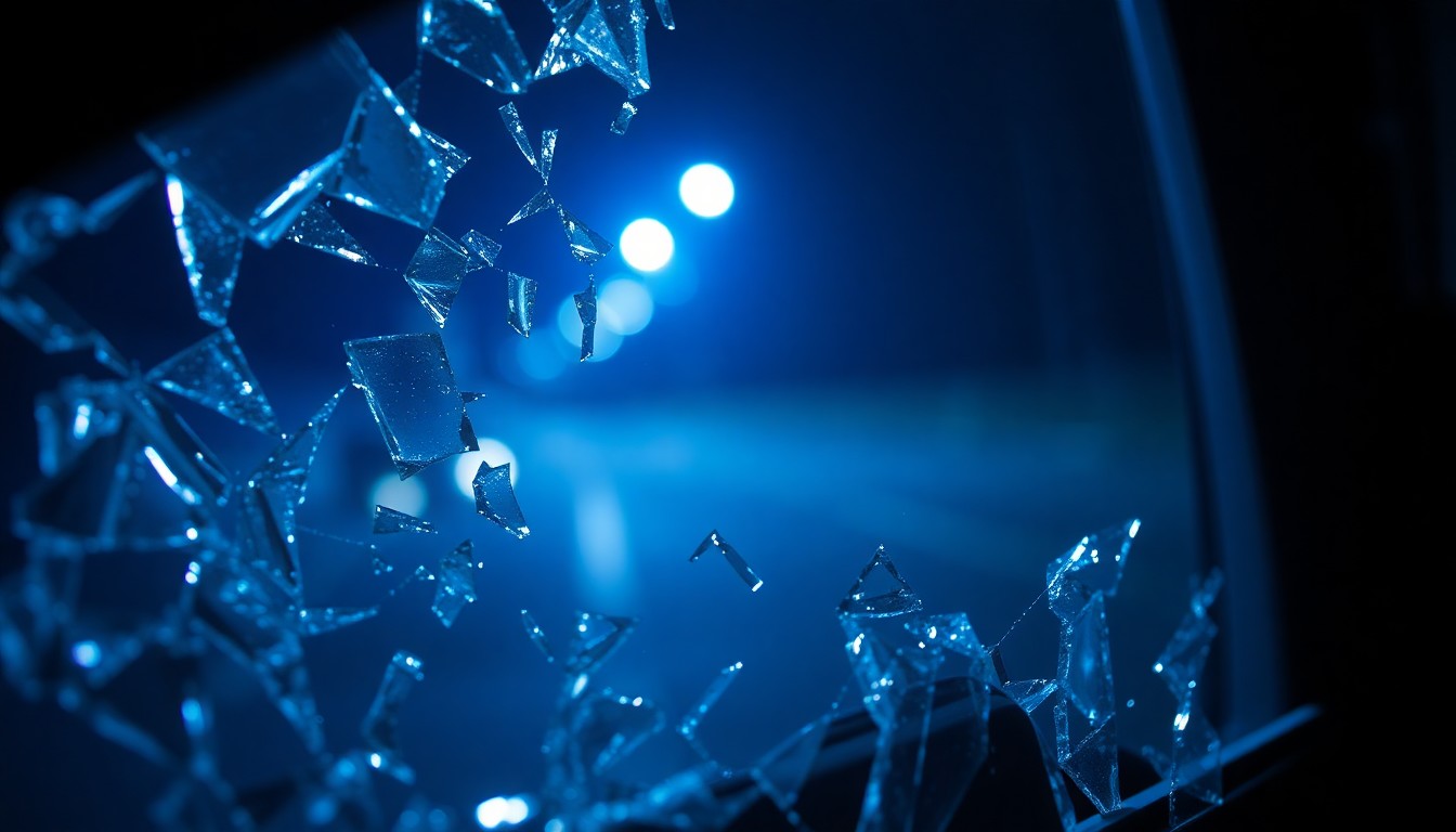 An extreme close-up of a shattered car window frame, with the jagged edges of the glass reflecting a faint blue light, conceptually representing the aftermath of a police pursuit that ended in a crash.