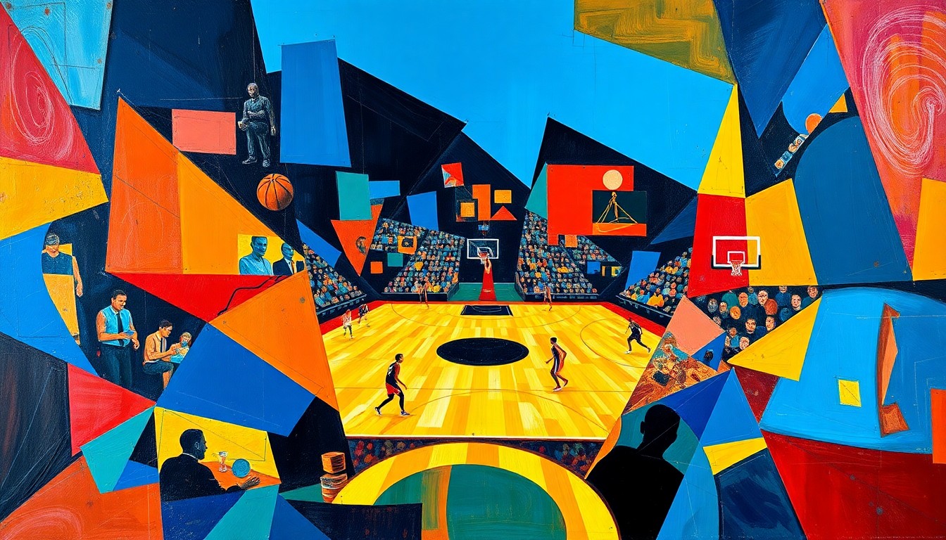 A cubist-style painting featuring fragmented, geometric shapes in a vibrant color palette, conceptually representing the multifaceted legacy of basketball player Oscar Schmidt.