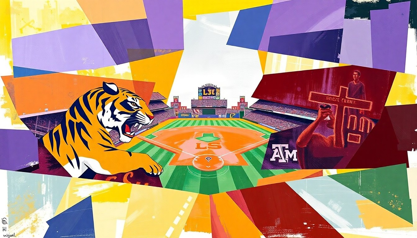 A cubist, geometric painting depicting the action of a college baseball game, with sharp, overlapping shapes in the team colors of LSU and Texas A&M.