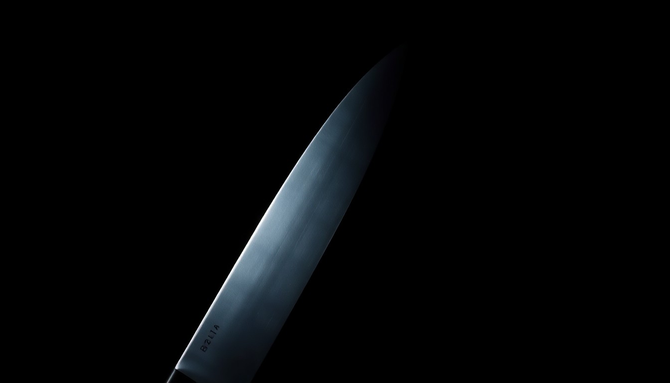 An extreme close-up of a single knife blade reflecting a harsh, bright light, conceptually illustrating the violence of a stabbing incident.
