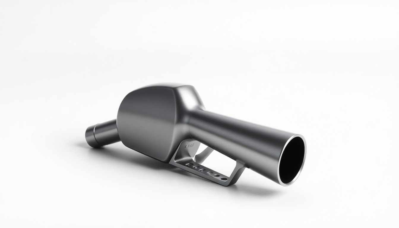 A close-up photograph of a single, polished metal fuel nozzle resting on a clean, monochromatic background, using dramatic lighting and shadows to symbolize the financial pressures facing the airline industry due to rising fuel costs.