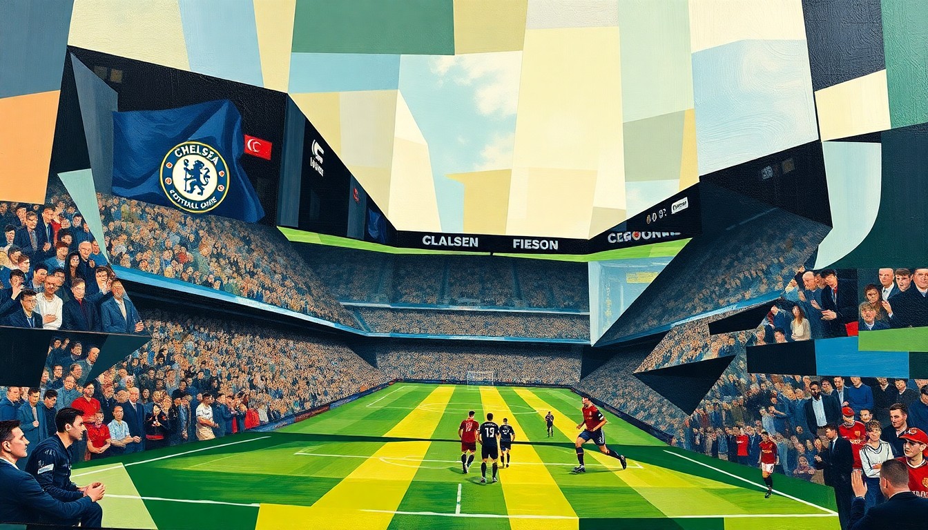 A cubist, geometric painting depicting a Premier League football match between Chelsea and Manchester United, with the players and action broken down into sharp, overlapping shapes and planes of color.