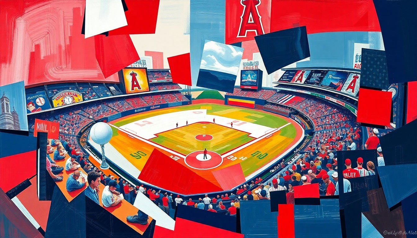 A cubist, geometric painting in bright red, white, and navy blue hues, depicting a fragmented, multi-angled view of a baseball game or match, capturing the energy and movement of the sport through sharp, overlapping shapes and planes.