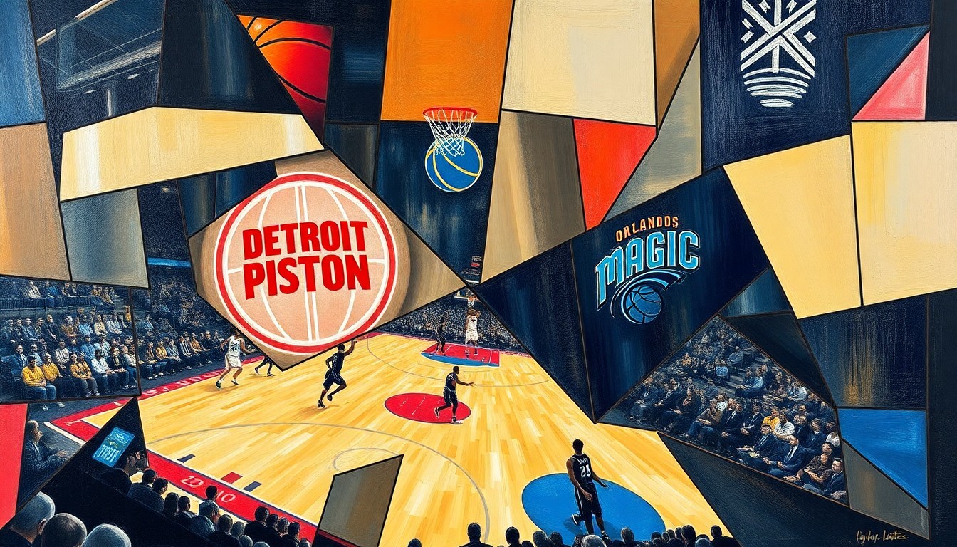 A fragmented, geometric painting depicting a basketball game between two teams, with the players and court broken down into sharp, overlapping shapes and planes of color.