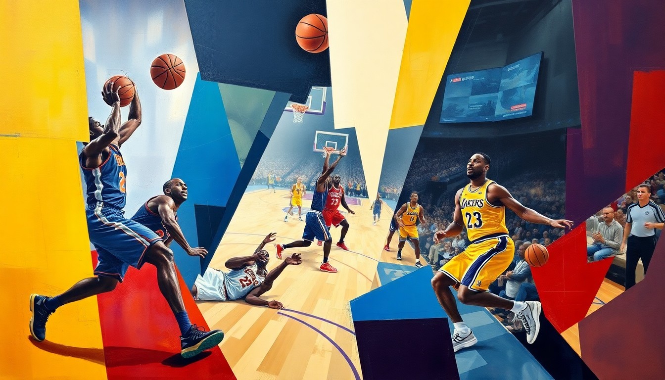 A cubist, geometric painting depicting the dynamic action of a basketball game between the Houston Rockets and Los Angeles Lakers, with the players' forms fractured and deconstructed into abstract shapes and planes of color.