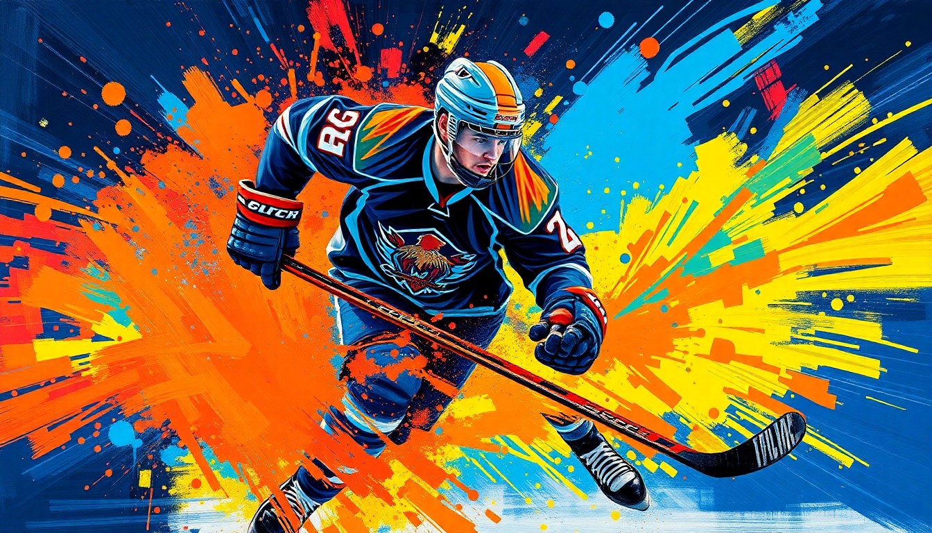 An extreme close-up of a hockey player's jersey, rendered in a vibrant, expressionist style with rapid brushstrokes and neon colors, capturing the raw energy and excitement of the Utah Mammoth's first NHL playoff game.