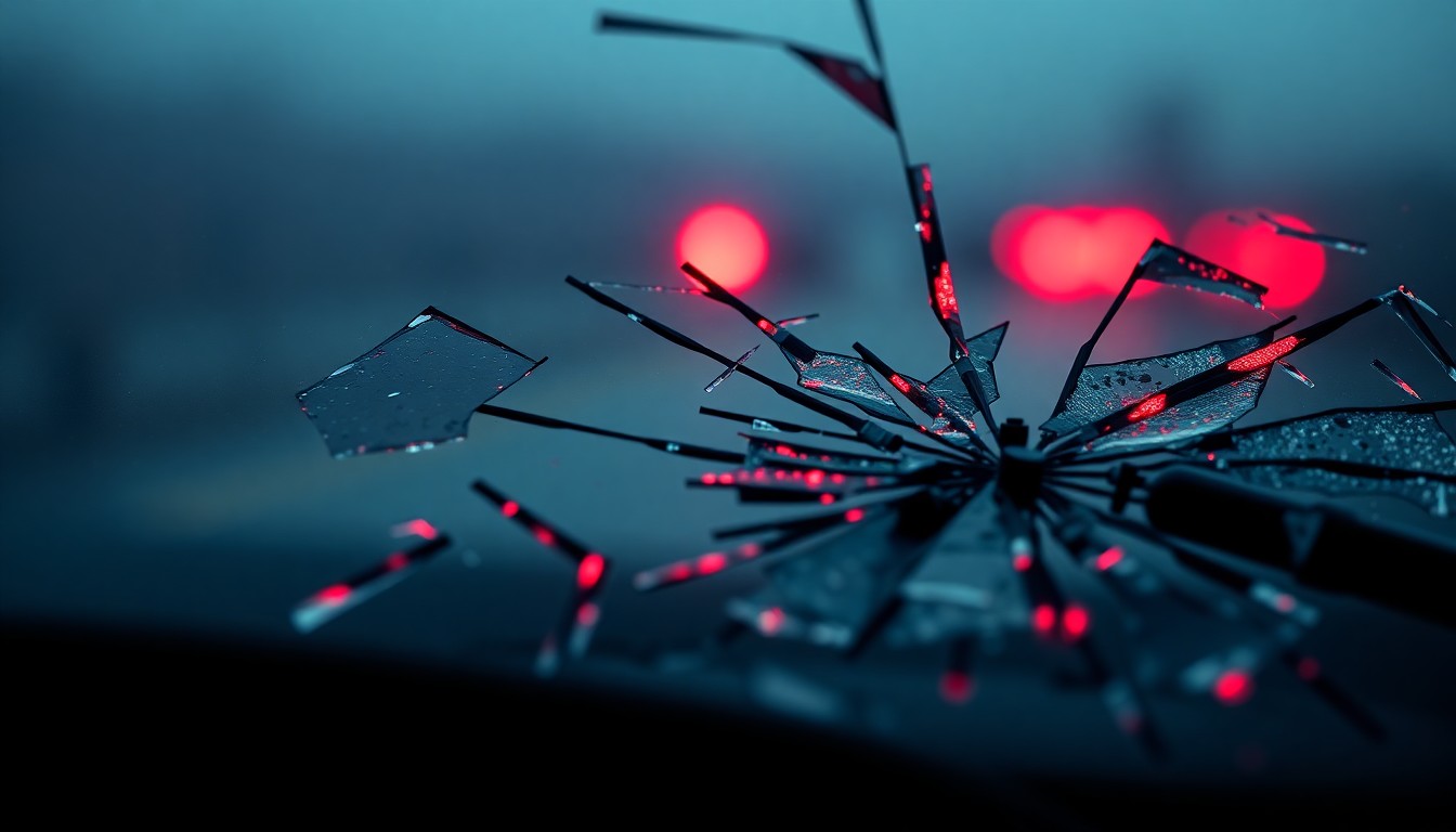 An extreme close-up photograph of a shattered car windshield, the glass reflecting a faint red light, conceptually representing the aftermath of a tragic police encounter.
