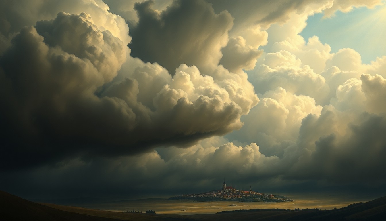 A vast, atmospheric landscape painting in muted tones of gray, blue, and green, with a stormy sky filled with dark, swirling clouds that dwarf a small town in the distance, conveying the overwhelming power of the natural world.