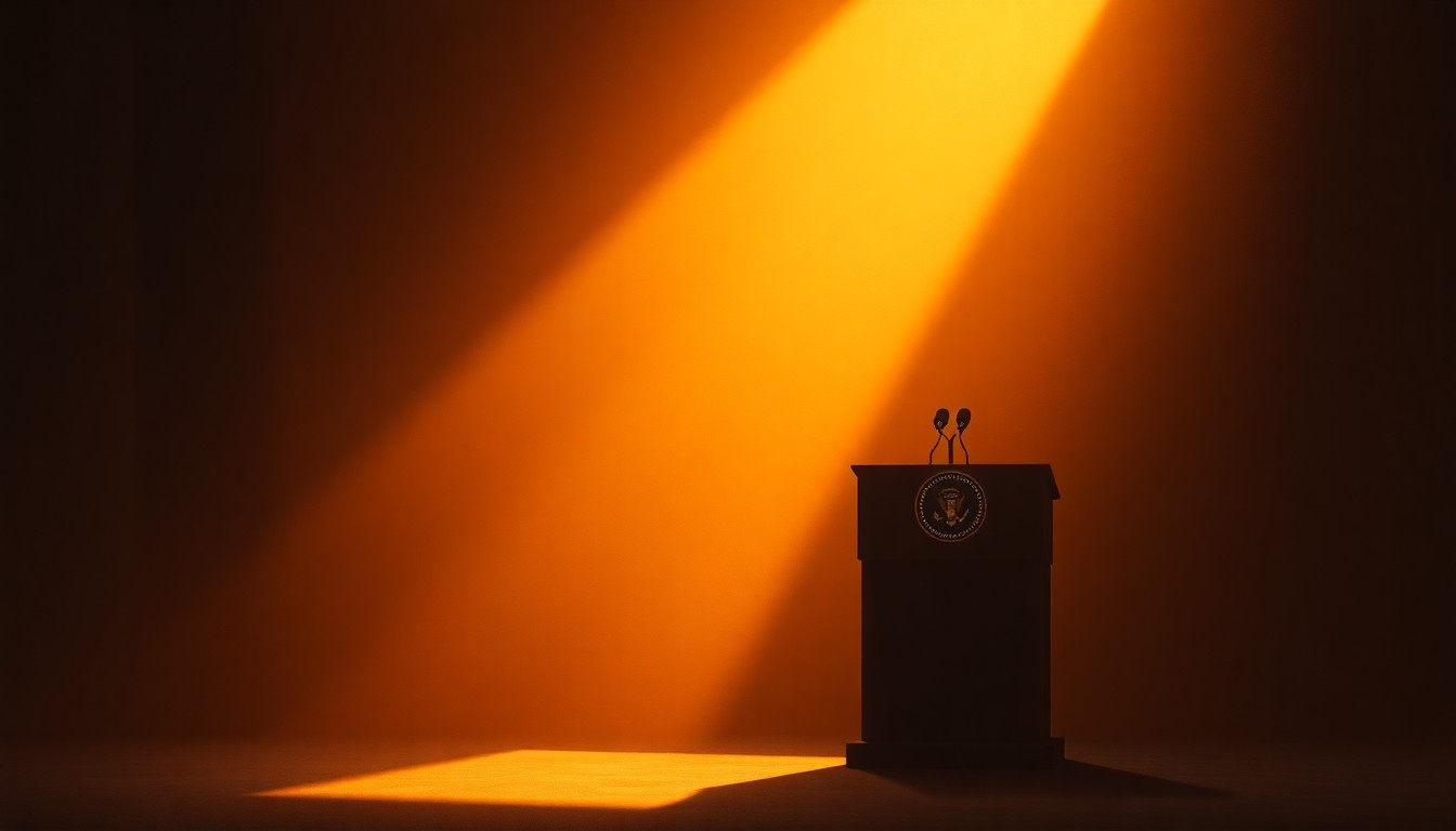 A serene, cinematic painting depicting a solitary presidential podium or lectern set against a dimly lit urban backdrop, with warm sunlight casting dramatic shadows across the scene.