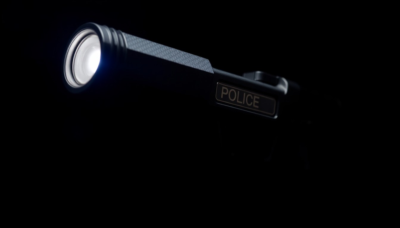 An extreme close-up of a police-issued Taser, the metallic body and prongs illuminated by a harsh, direct flash of light against a pitch-black background, conceptually representing the tension and scrutiny surrounding police tactics in this community.