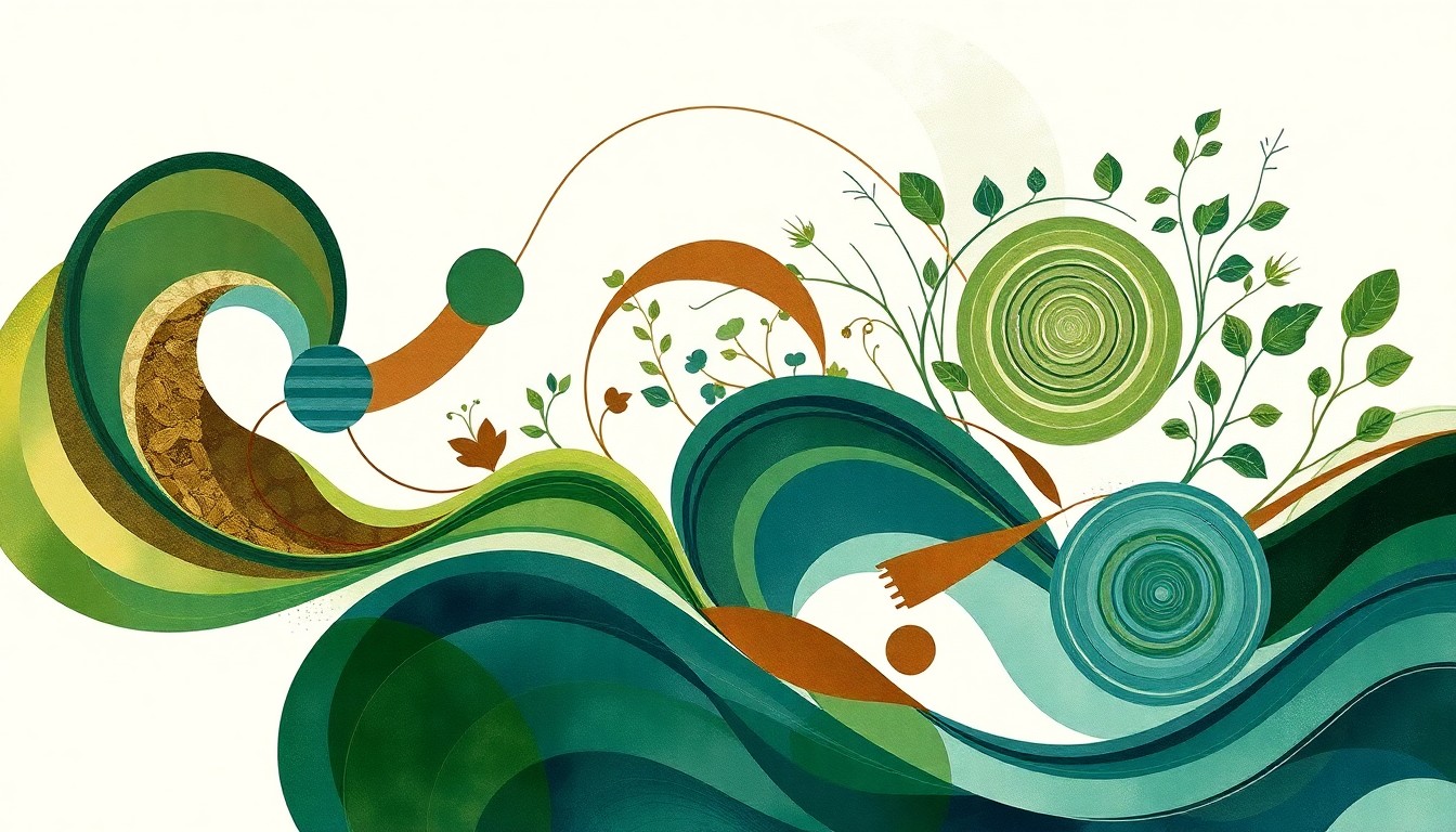 A bold, abstract painting in earthy tones featuring sweeping geometric shapes and botanical patterns, conceptually representing the complex flow of carbon through a river system and the disruption caused by warming.