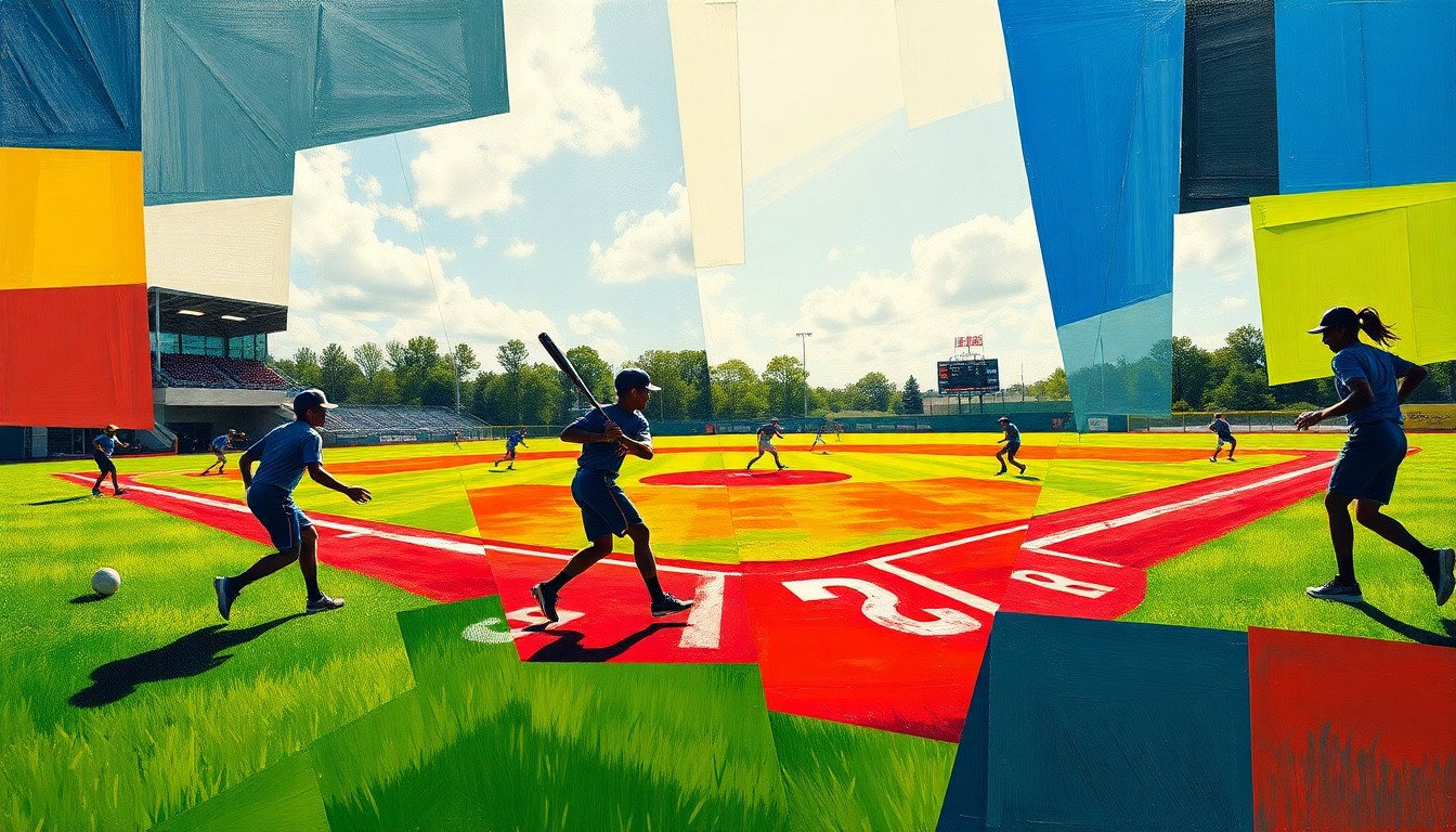 A fragmented, geometric painting depicting a high school softball game, with players' forms broken down into sharp, overlapping planes of color and shape.
