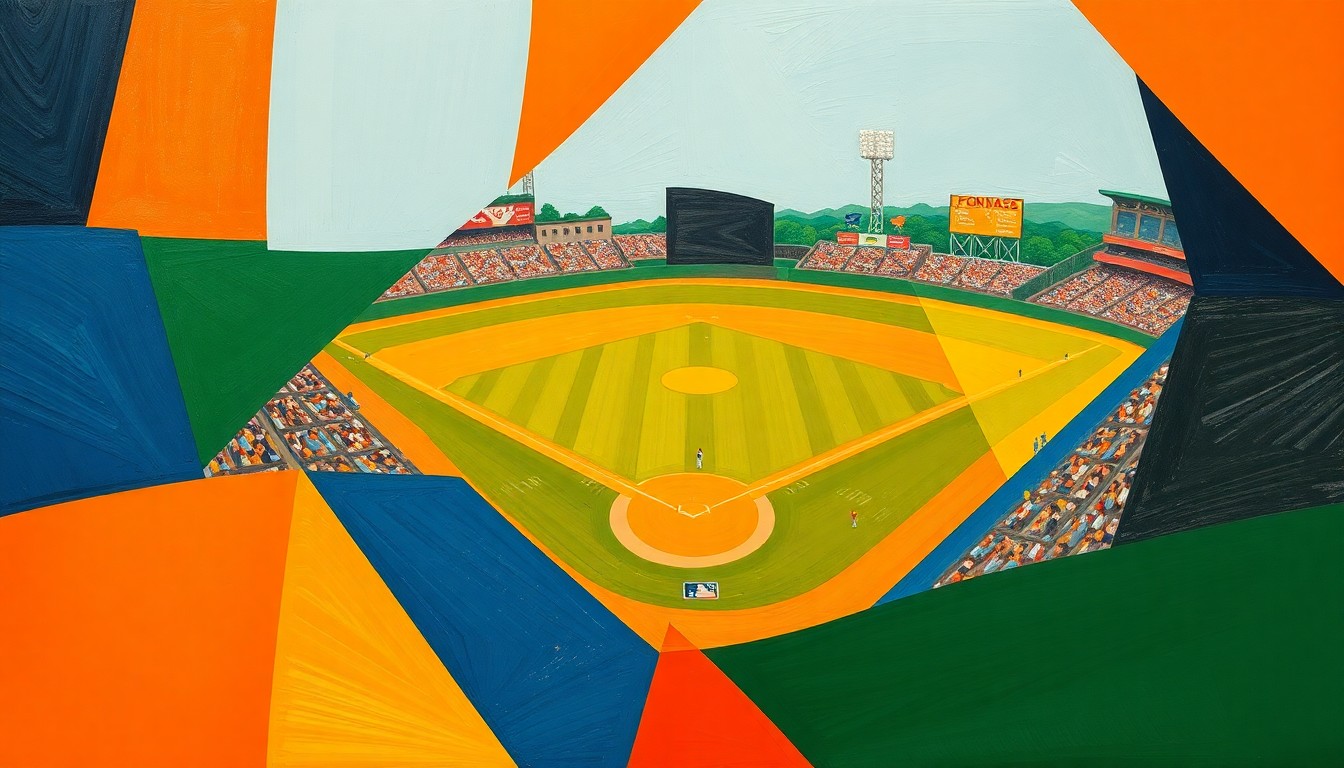 A cubist, geometric painting depicting a baseball game broken down into overlapping planes of bright orange, navy blue, and forest green, conveying the energy and action of the sport.
