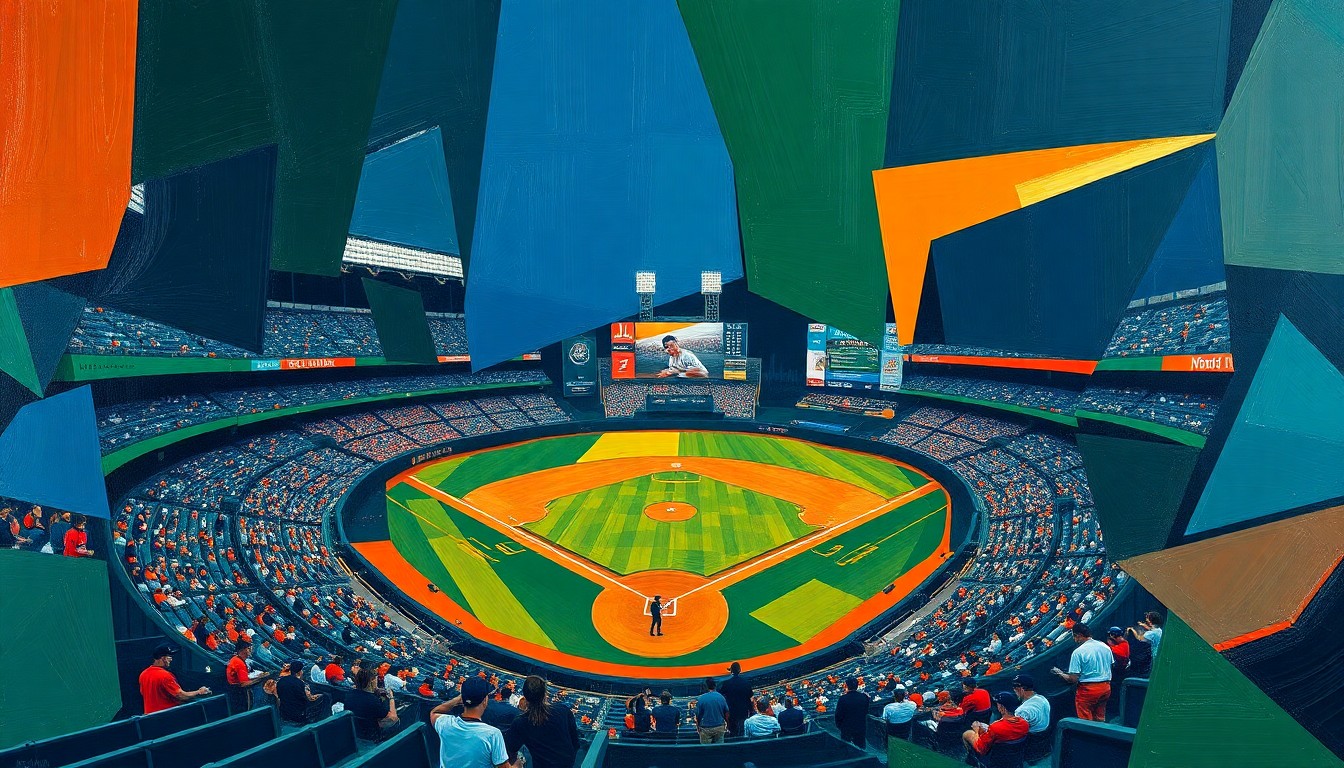 A cubist, geometric painting depicting a baseball game, with overlapping planes of navy, green, and orange conveying the dynamic energy of the sport.