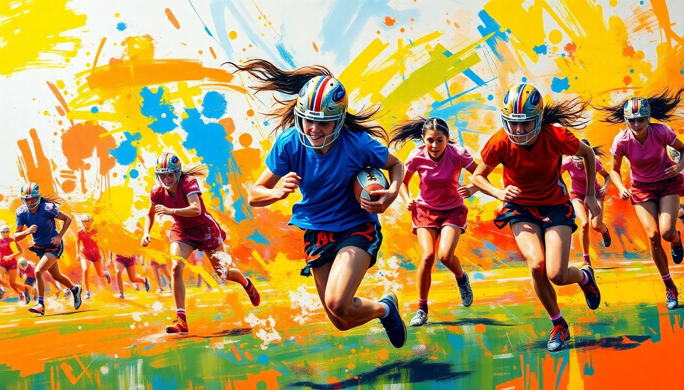 An abstract, energetic painting in a vibrant expressionist style, with splashes of neon orange, electric blue, and highlighter yellow capturing the raw athleticism and movement of a girls flag football game.