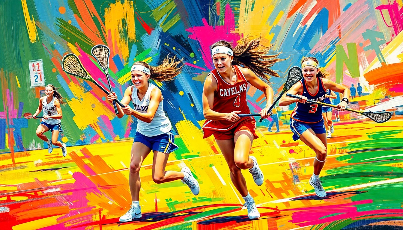 An abstract, energetic painting in vibrant neon colors and rapid brushstrokes, capturing the dynamic motion and raw athleticism of a girls lacrosse game.