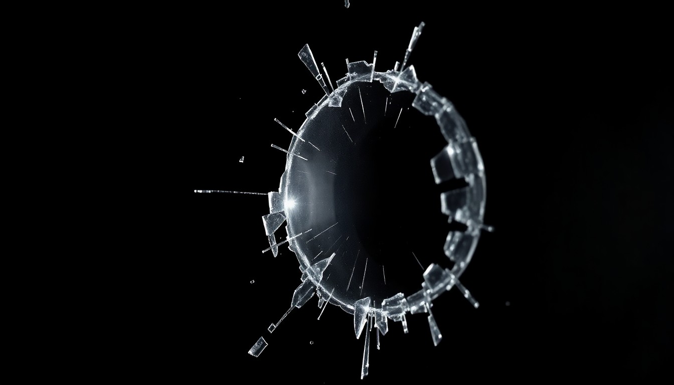 An extreme close-up photograph of a shattered glass lens against a pitch-black background, conceptually illustrating the aftermath of excessive force used by police against civilians during a public celebration.