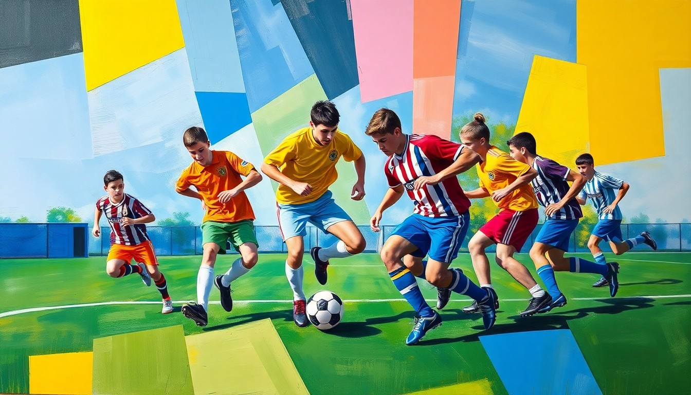 A fragmented, geometric painting depicting the action and movement of a high school soccer match, with players and the ball rendered in an abstract, cubist style using bold, contrasting colors.