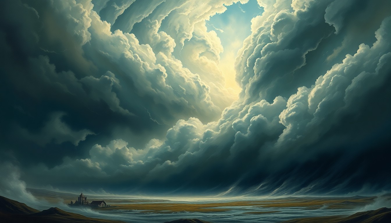 A vast, majestic landscape painting with a massive, swirling storm system dominating the scene, using deep atmospheric perspective and dramatic backlighting to capture the overwhelming scale and power of the weather.