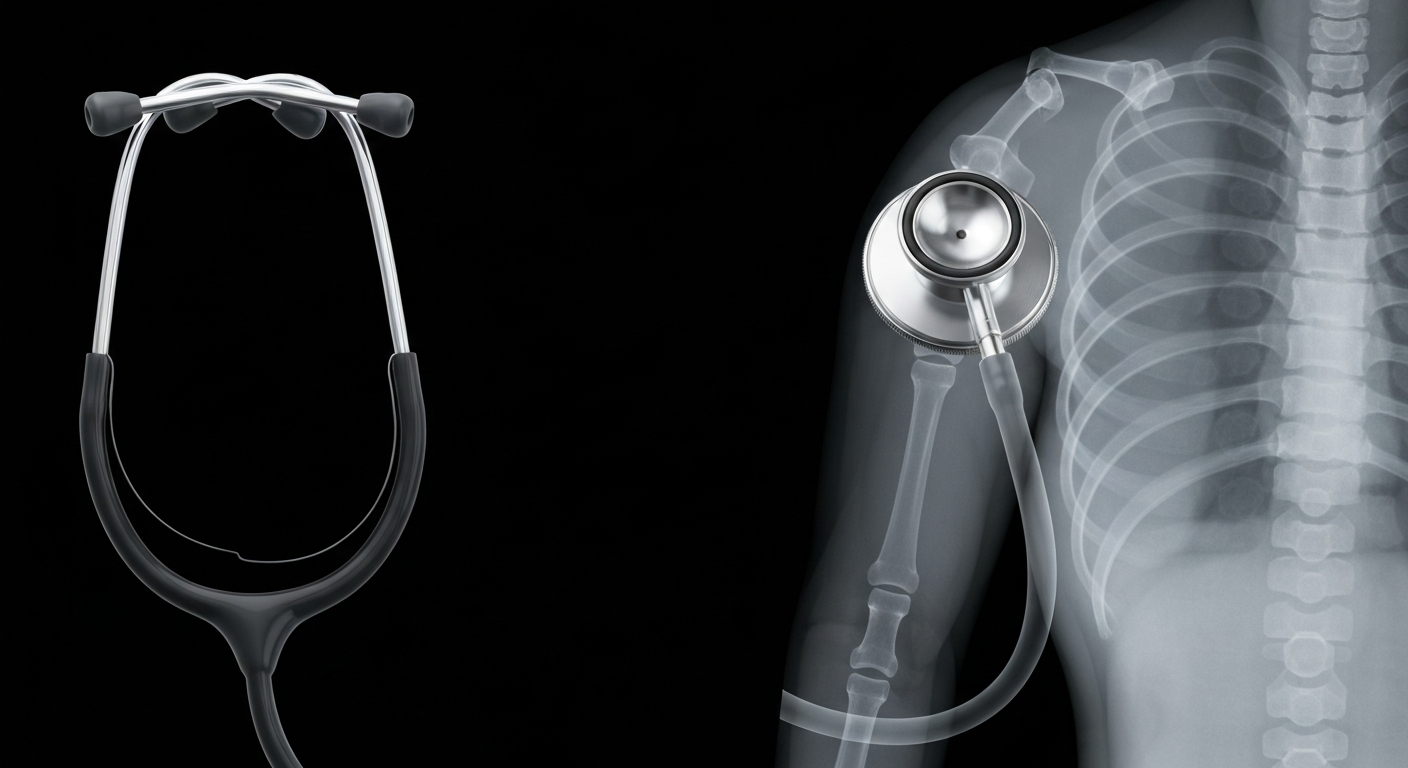 A translucent X-ray image of a medical stethoscope, its internal structure visible as glowing lines against a dark background, conveying the clinical and technical nature of healthcare while also suggesting the fragility and uncertainty facing medical providers.