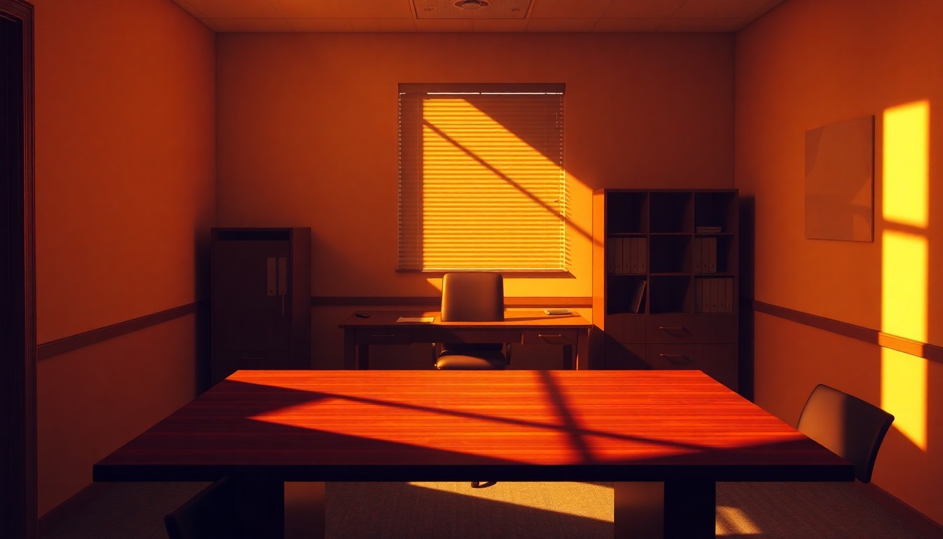 A close-up view of an empty government office desk with a single pen and paper, surrounded by warm, directional lighting and deep shadows, conceptually representing the administrative review of a public assistance program.