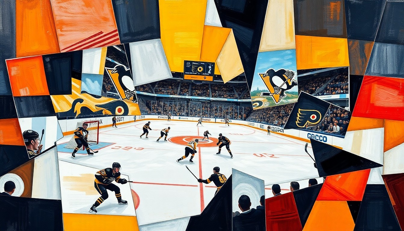 A cubist, geometric painting depicting a hockey game between two teams, with the players and action fragmented into overlapping planes of color and shape.