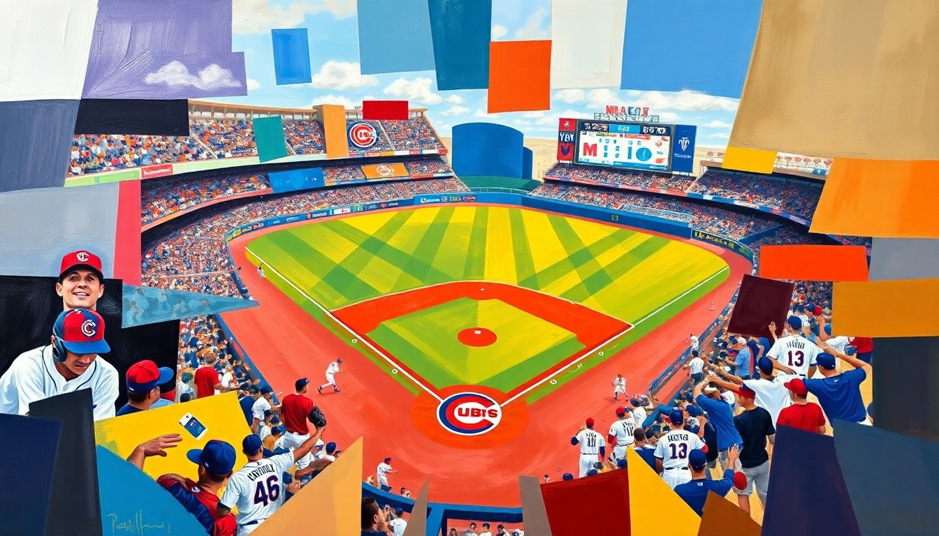 A cubist, geometric painting depicting a baseball game between the Chicago Cubs and New York Mets, with sharp, overlapping planes of color representing the energy and action of the game.
