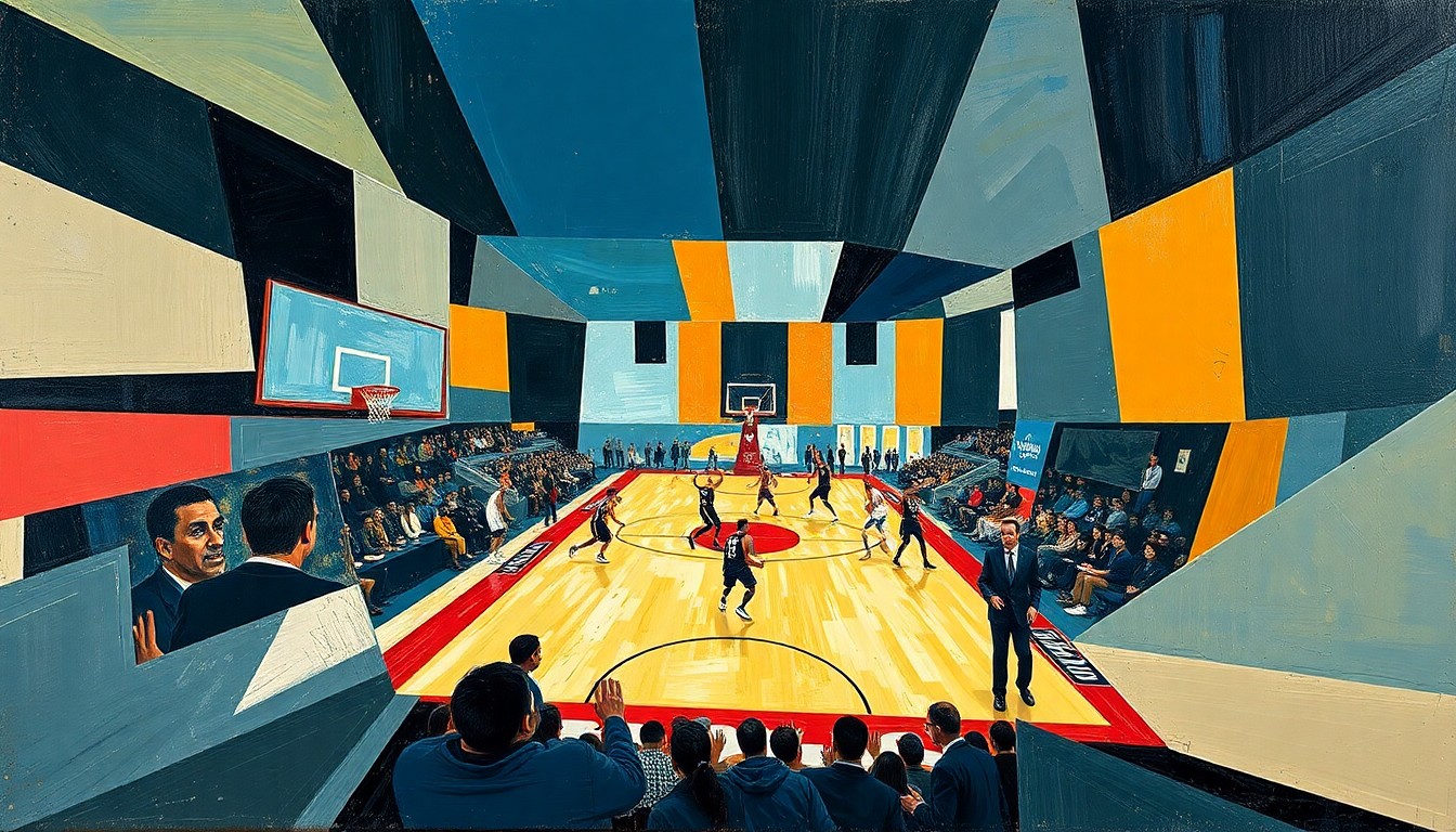 A cubist-style painting depicting fragmented, overlapping geometric shapes and planes in shades of orange, blue, and green, conceptually representing the dynamic energy and movement of a basketball game.