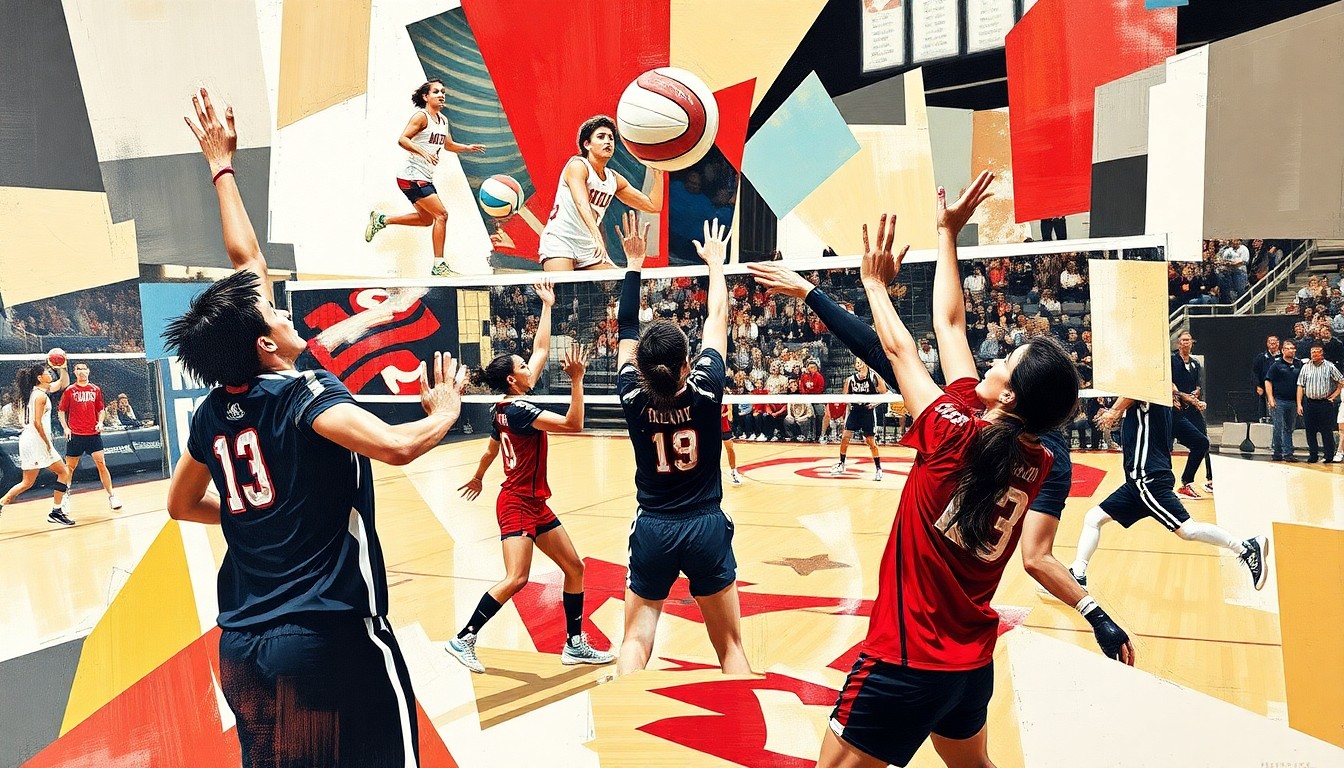 A fragmented, geometric painting depicting the dynamic movements and energy of a volleyball match between two teams, with the players and ball broken down into overlapping planes of color and shape.