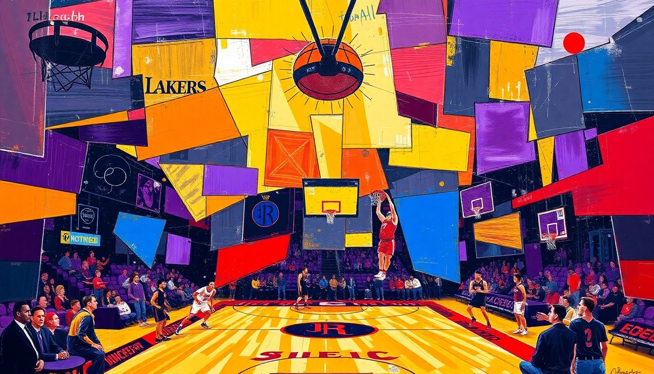 A fragmented, cubist-style painting depicting a basketball game, with the players and court broken down into sharp, overlapping geometric shapes in vibrant colors.