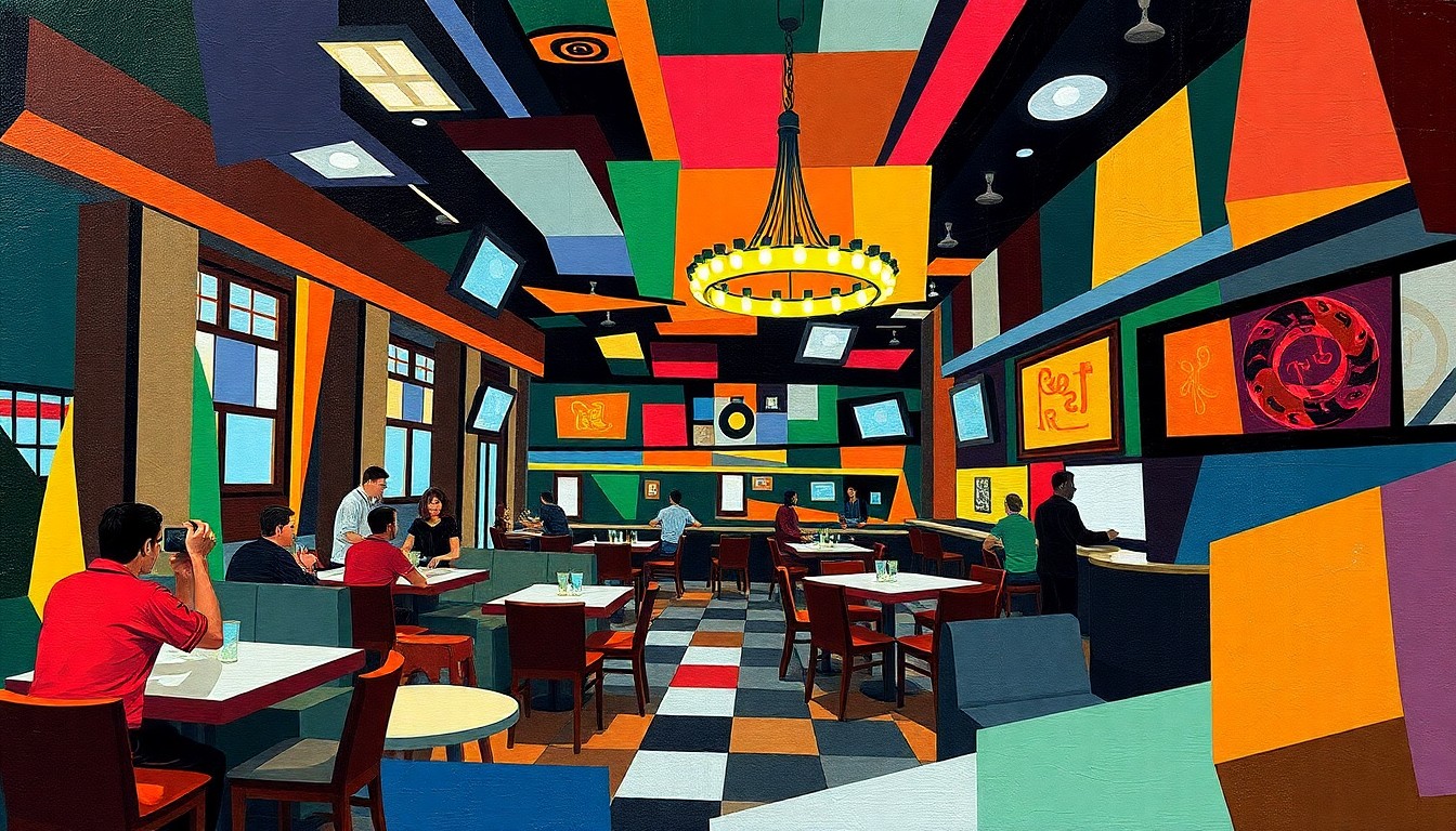 A cubist, geometric painting depicting the interior of a lively sports bar, with overlapping planes of color and form capturing the energy and movement of the space.