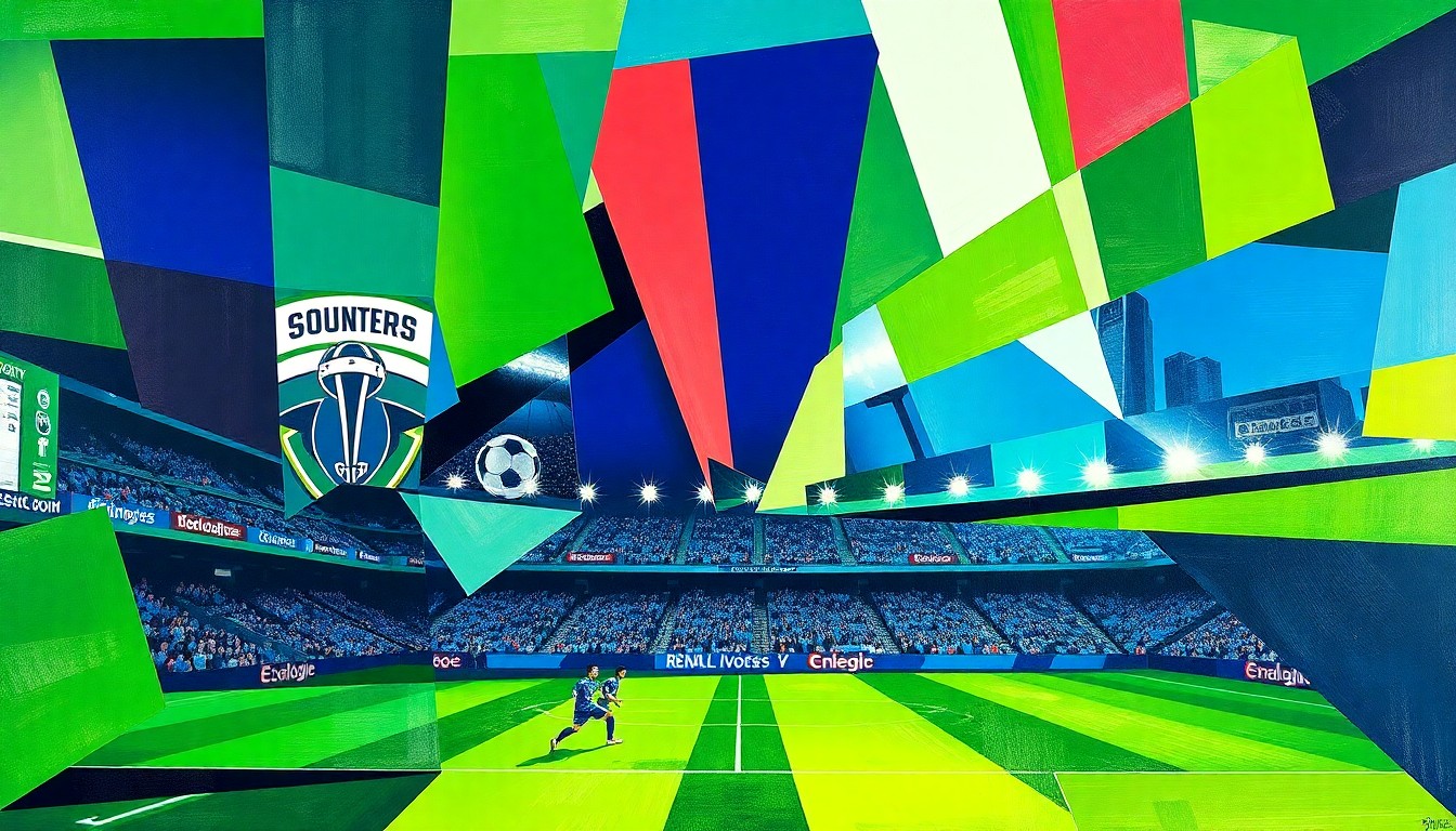A cubist, geometric painting depicting the action and energy of a soccer match between two teams, with sharp, overlapping planes of color representing the players and movement on the field.