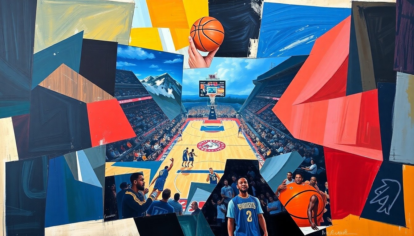A fragmented, geometric painting depicting a basketball game between two teams, with the players and court broken down into sharp, overlapping shapes and planes of color, conveying the intensity and competitiveness of the matchup.