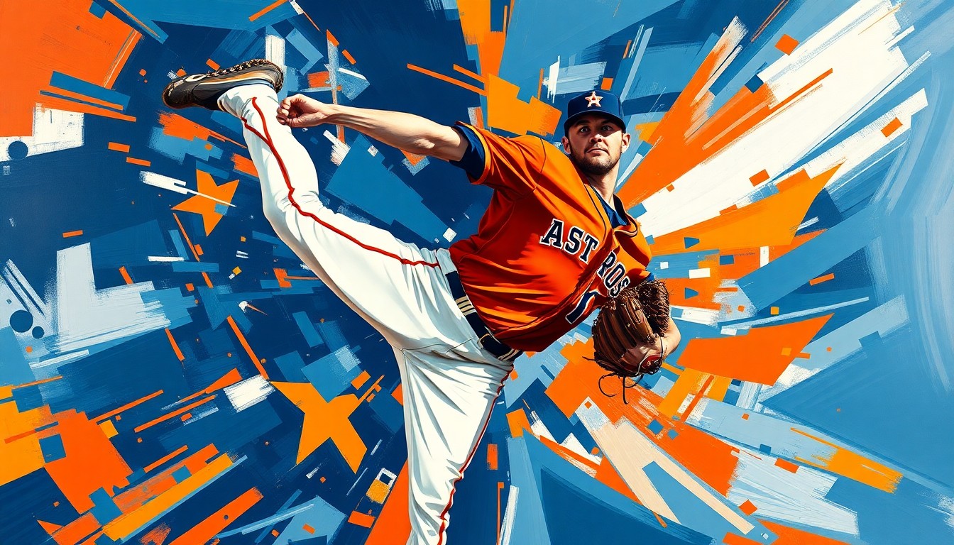 A cubist, geometric painting in navy blue, orange, and white, breaking down the motion of a baseball pitcher into fragmented, overlapping planes, conceptually representing the challenge the Astros face in replacing their injured closer.