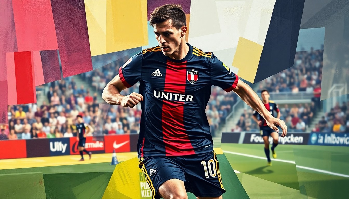A fragmented, geometric painting depicting the movements and actions of a soccer player on the field, with the player's jersey colors blending the team colors of D.C. United and the Philadelphia Union.
