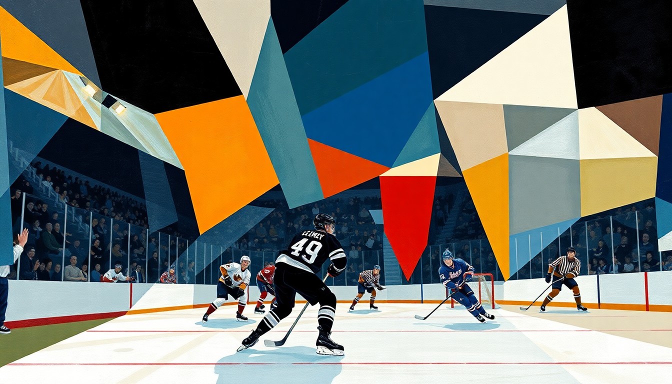 A fragmented, geometric painting in bold blues, greens, and reds, capturing the dynamic motion and energy of a professional hockey game through Cubist-inspired abstraction.