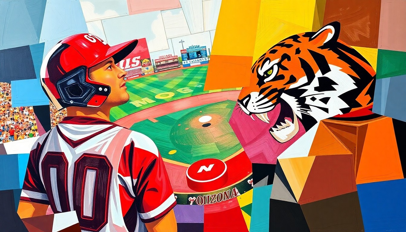 A fragmented, geometric painting depicting a college baseball game, with sharp planes of color representing the players and field of play.