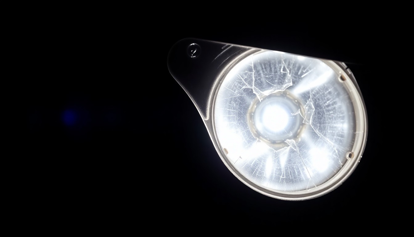 An extreme close-up photograph of a cracked and shattered electric motorcycle part, such as a broken mirror or lens, lit by a harsh, direct camera flash against a pitch-black background, conceptually representing the aftermath of a serious crash.
