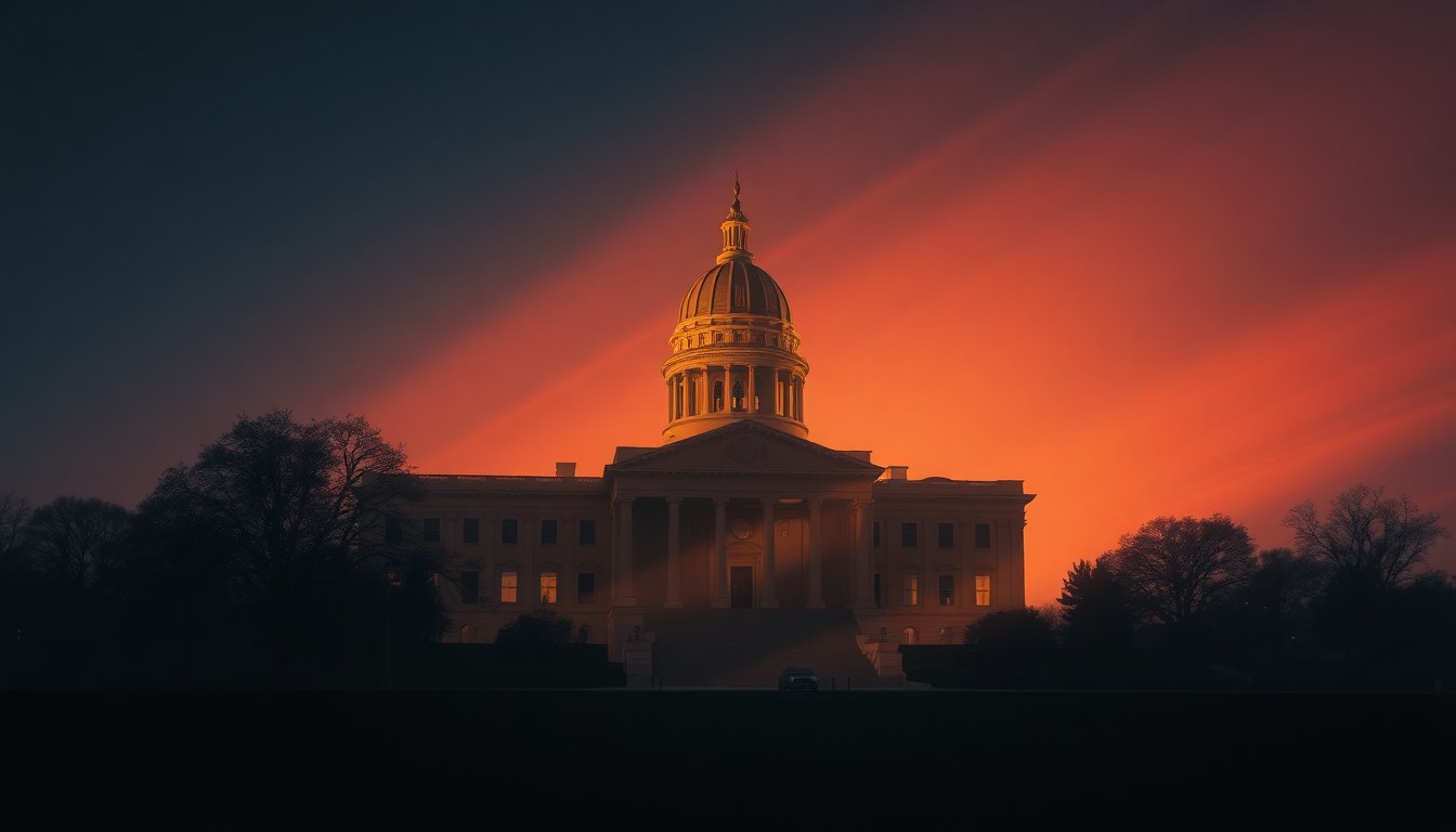 A serene, painterly depiction of a state capitol building in warm, muted tones, conveying a sense of political anticipation and civic engagement.