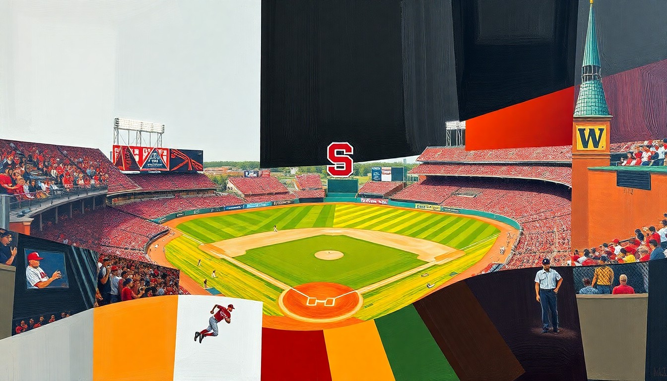 A fragmented, geometric painting in bold colors representing the action and energy of a college baseball game.