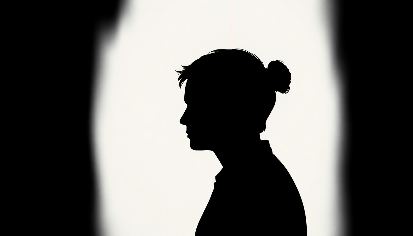 A bold, abstract illustration featuring a minimalist black silhouette of a person's head in profile, with a single bright red line bisecting the shape to convey a sense of emotional distress and turmoil.