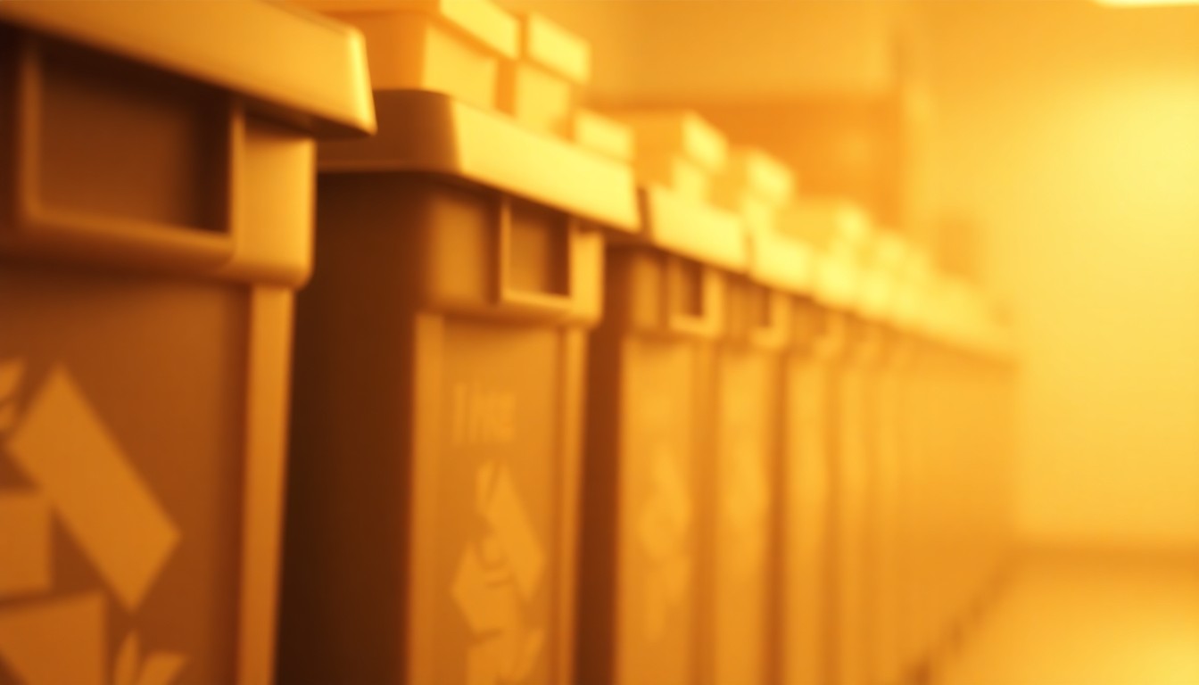 An abstract, out-of-focus photograph showing a row of storage bins in warm, muted colors, conceptually representing the Transitional Storage Program that helps people experiencing homelessness in Salt Lake City.