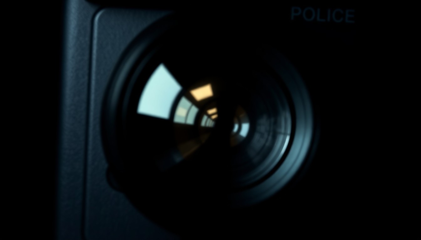 An extreme close-up of a police body camera lens, reflecting a blurred and distorted image of the surrounding environment, conceptually illustrating the transparency and accountability issues raised by this incident.