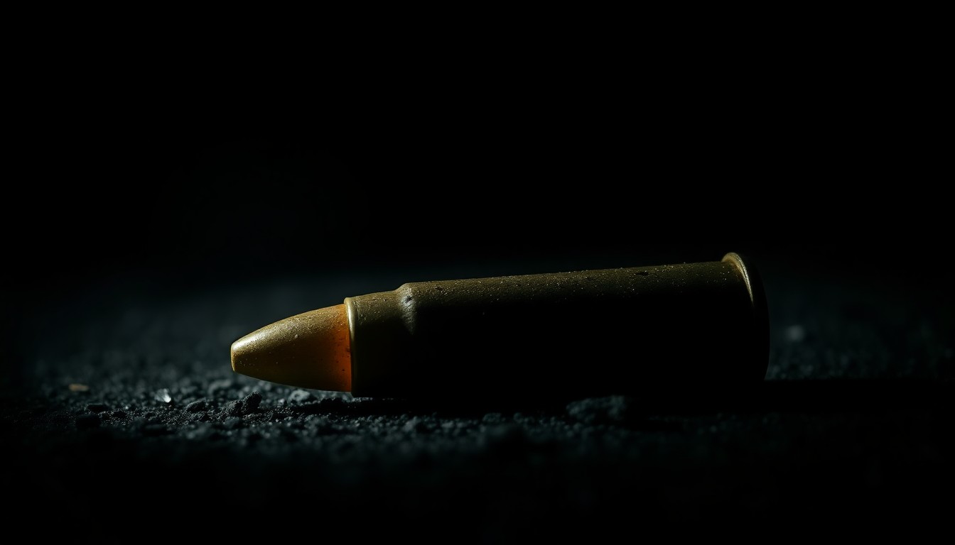 An extreme close-up photograph of a spent shell casing on a dark surface, capturing the stark, gritty details of a crime scene.
