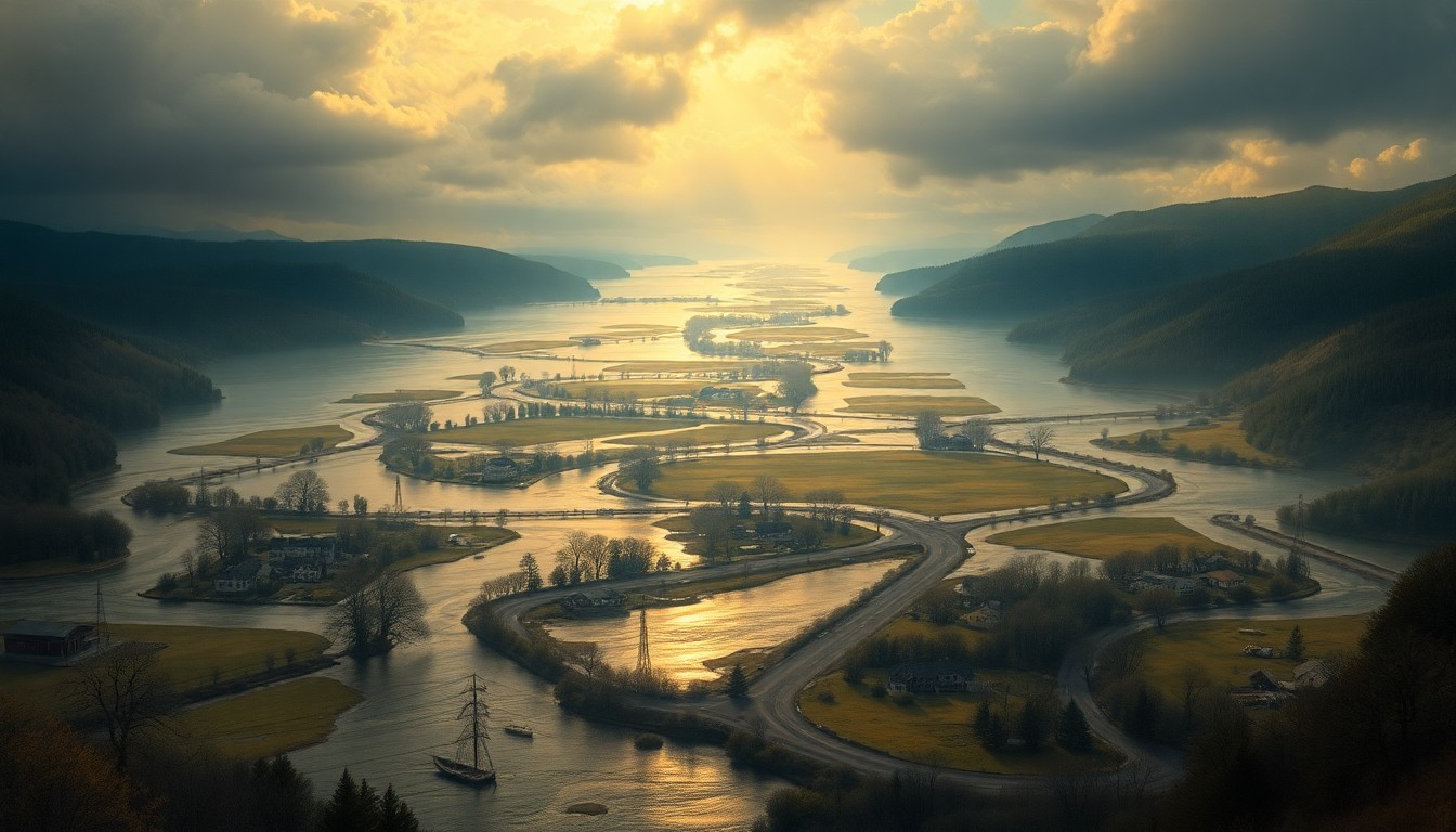 A sweeping, atmospheric landscape painting depicting a flooded river valley, with the expansive floodwaters overwhelming the surrounding countryside and dwarfing any visible structures or roads, conveying the overwhelming scale and power of the natural disaster.