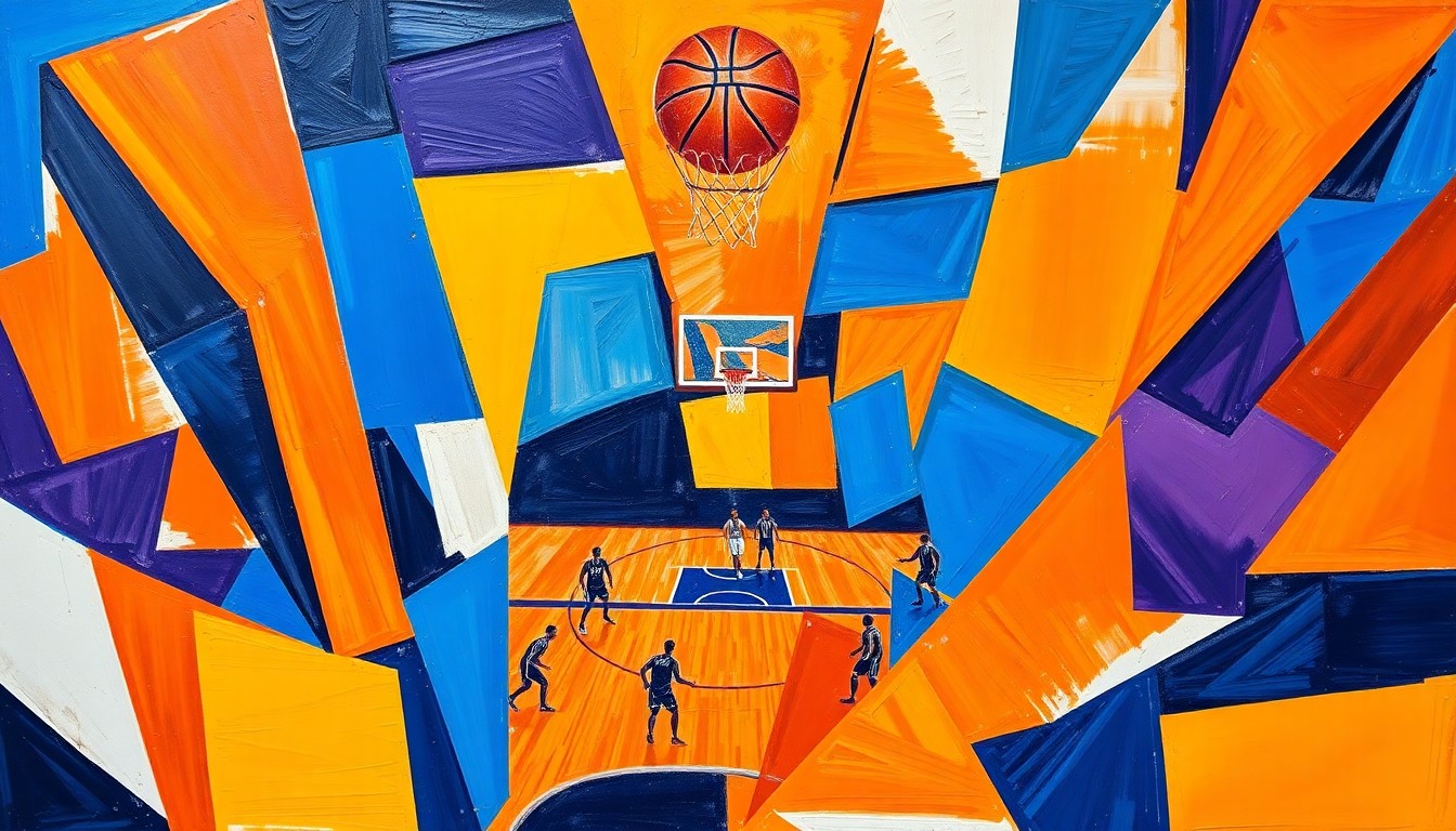 A cubist, geometric painting depicting a basketball game or competition, with sharp, overlapping planes of color representing the action on the court.