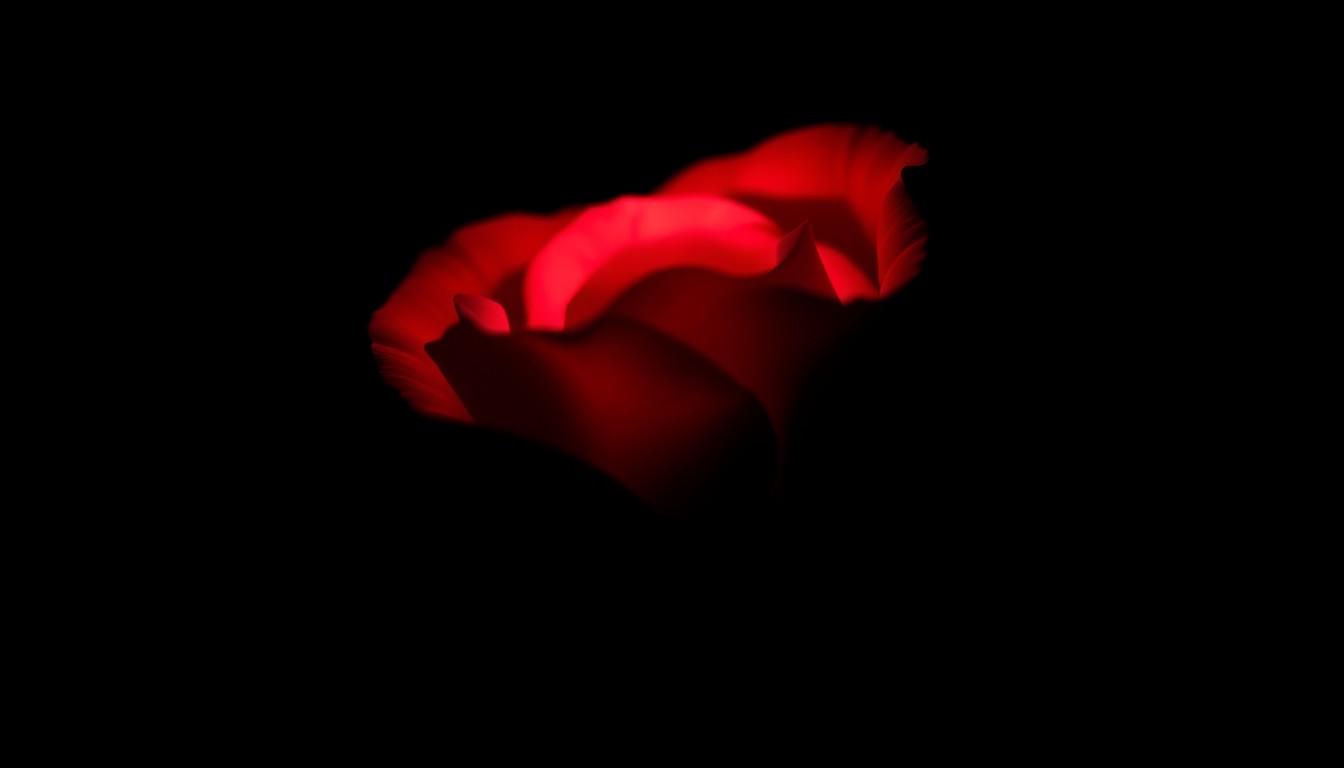 An extreme close-up photograph of a single red rose petal lit by a harsh, direct camera flash against a pitch-black background, conveying a sense of solemnity and loss.