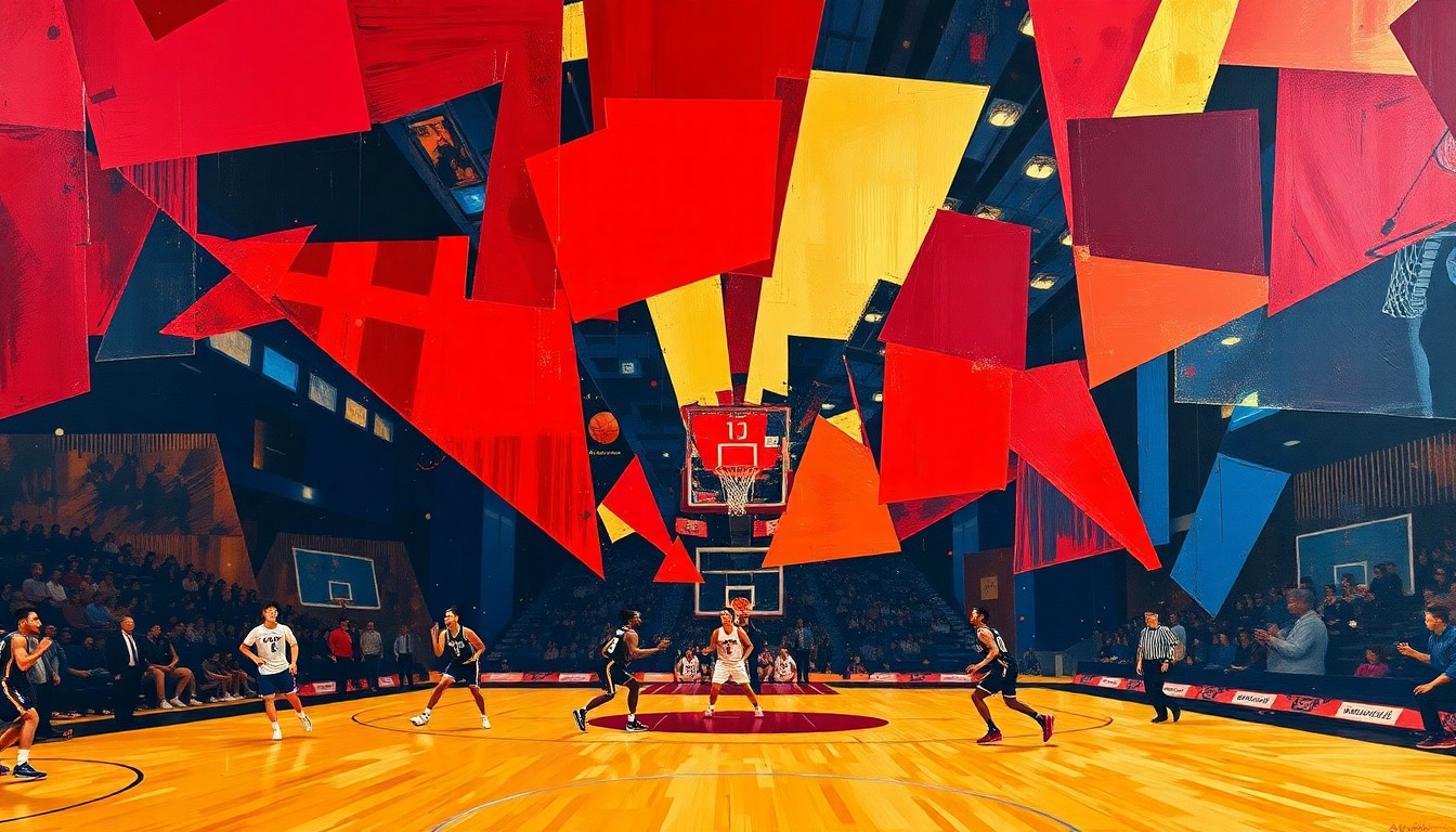 A cubist, geometric painting featuring overlapping planes of crimson, navy, and gold, capturing the energy and movement of a college basketball game.